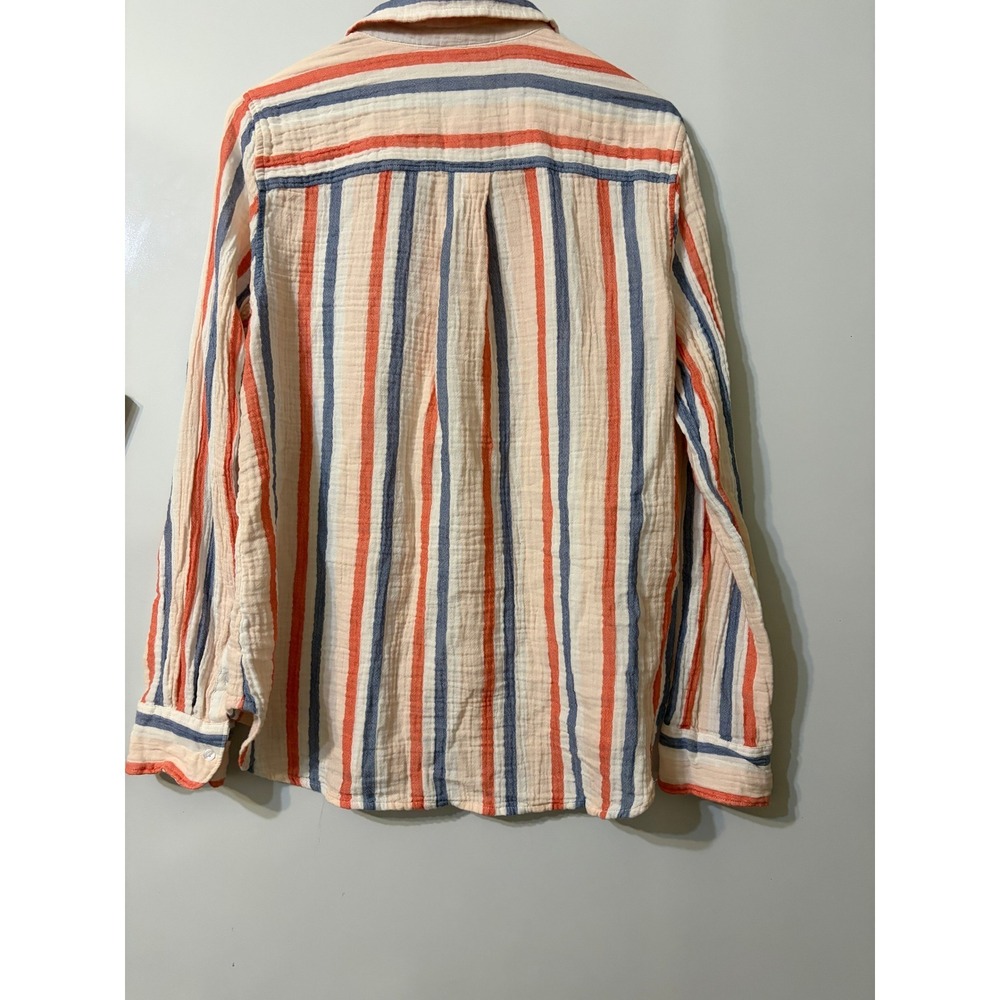 Caslon Womens Striped Double Gauze Cotton Button Down Shirt Orange Blue Medium